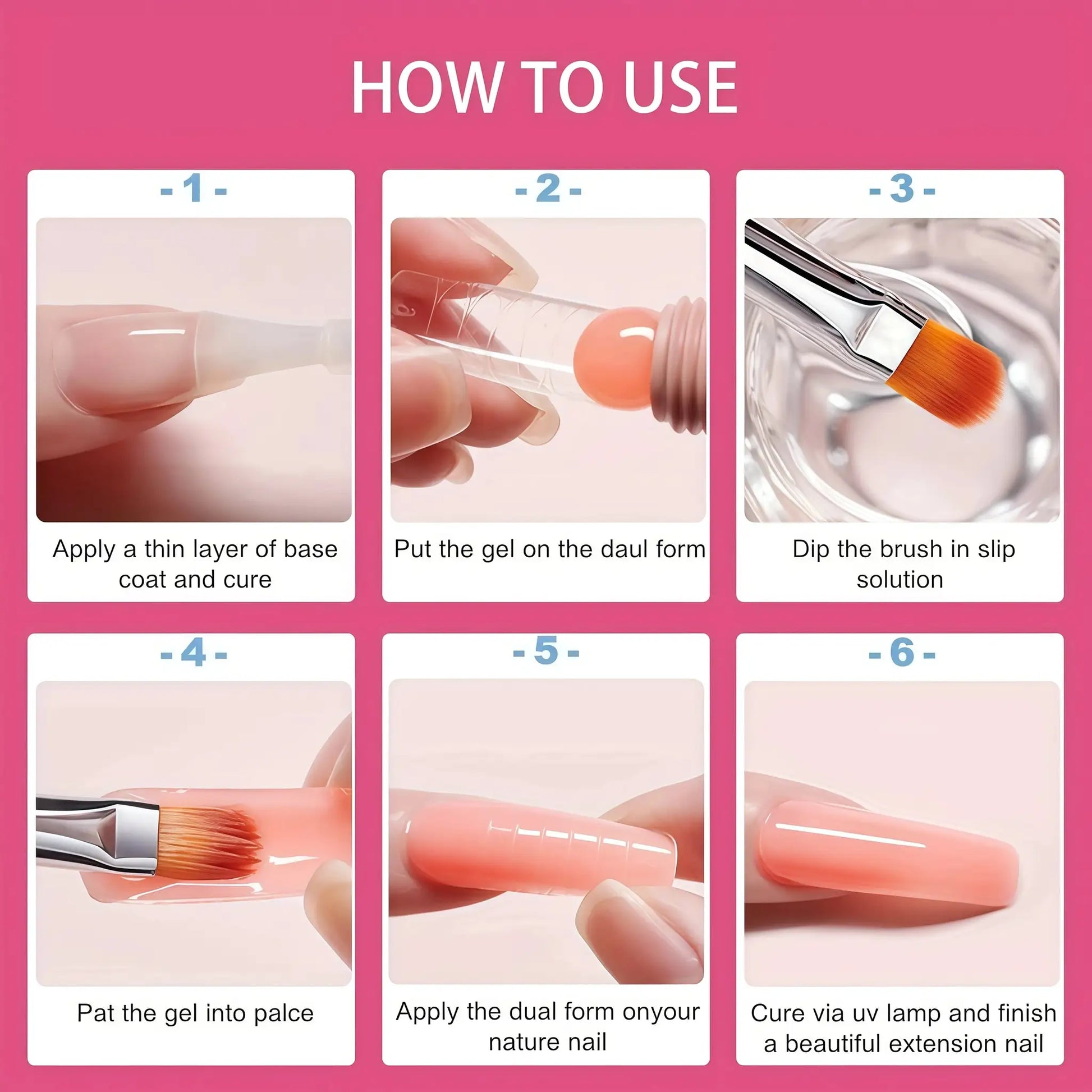 Simples Market 2in1 Gel Cleanser for Nails & Polish Remover, pink how-to guide showing steps 1–6