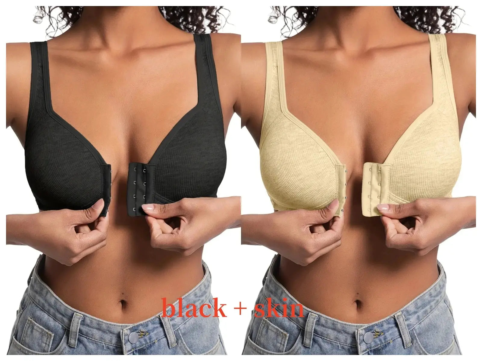 Women's wire-free front-closure bra set in black and nude with full-coverage cups; two bras shown
