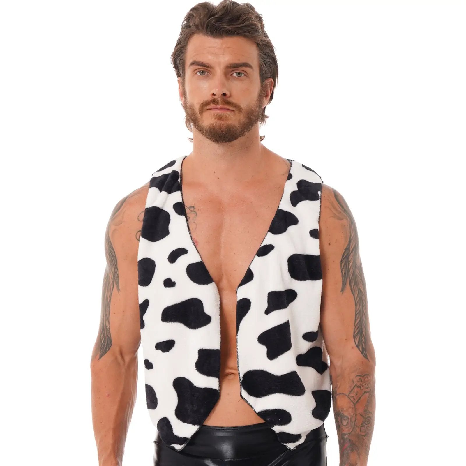 Men's cow-print flannel sleeveless vest, open-front, waist-length, Simples Market