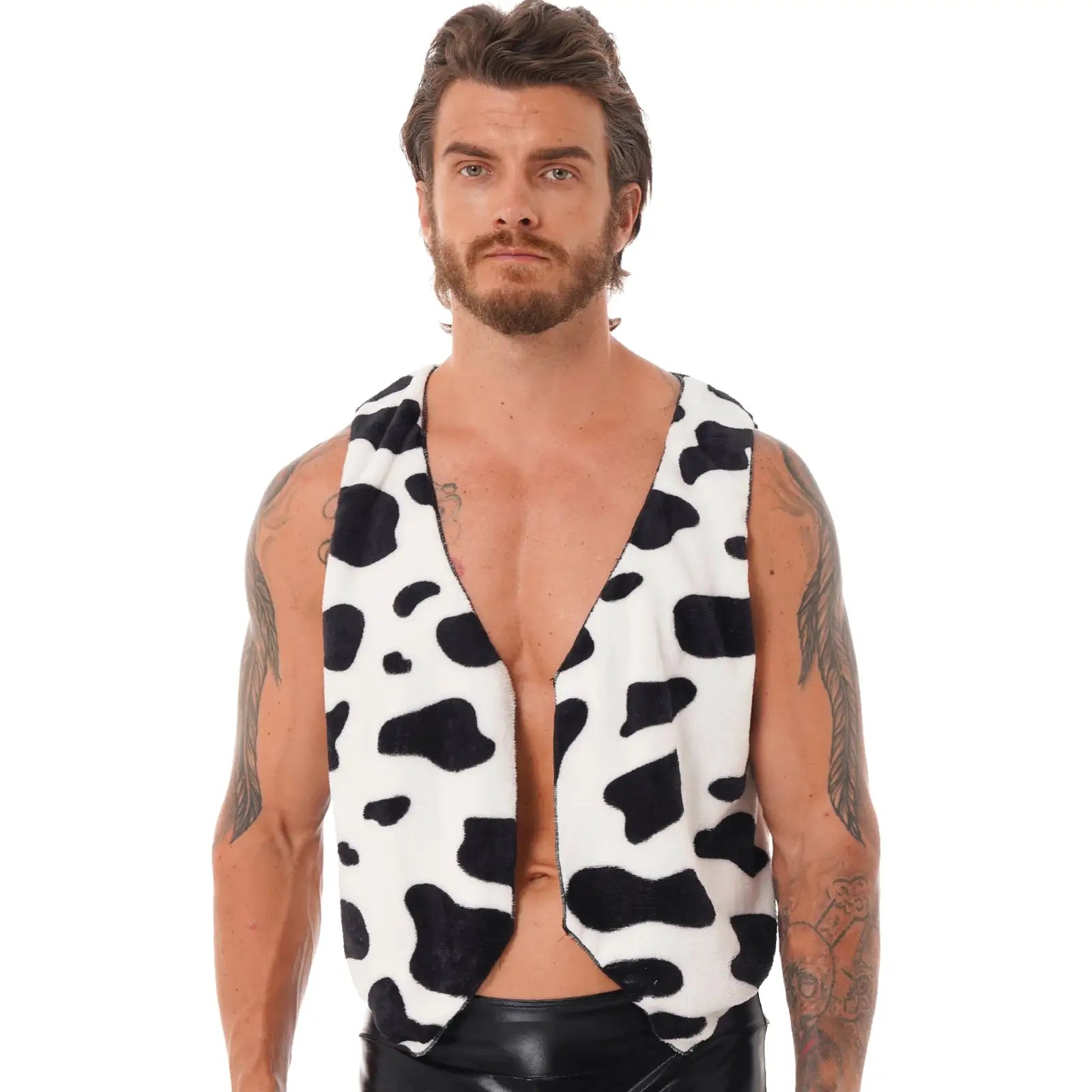 Cow-print fleece vest for men; sleeveless, open-front, festival/hippie costume