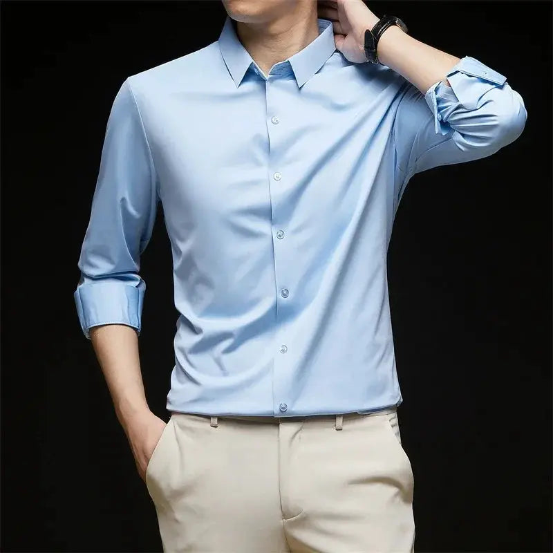 Men's light blue long-sleeve business casual dress shirt, solid color with rolled cuffs