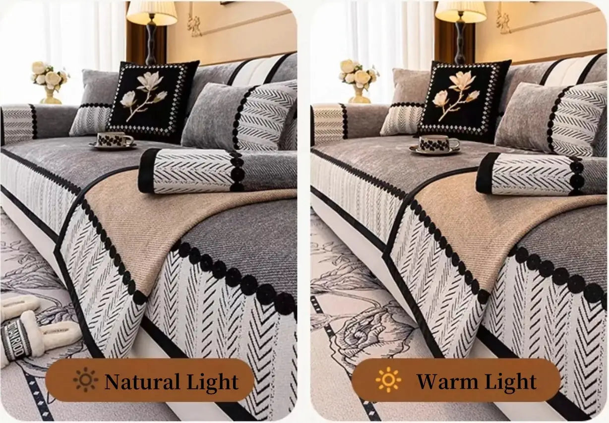 Sofa cover set in gray and beige twill chenille with black pom-pom trim, shown in two lighting views.