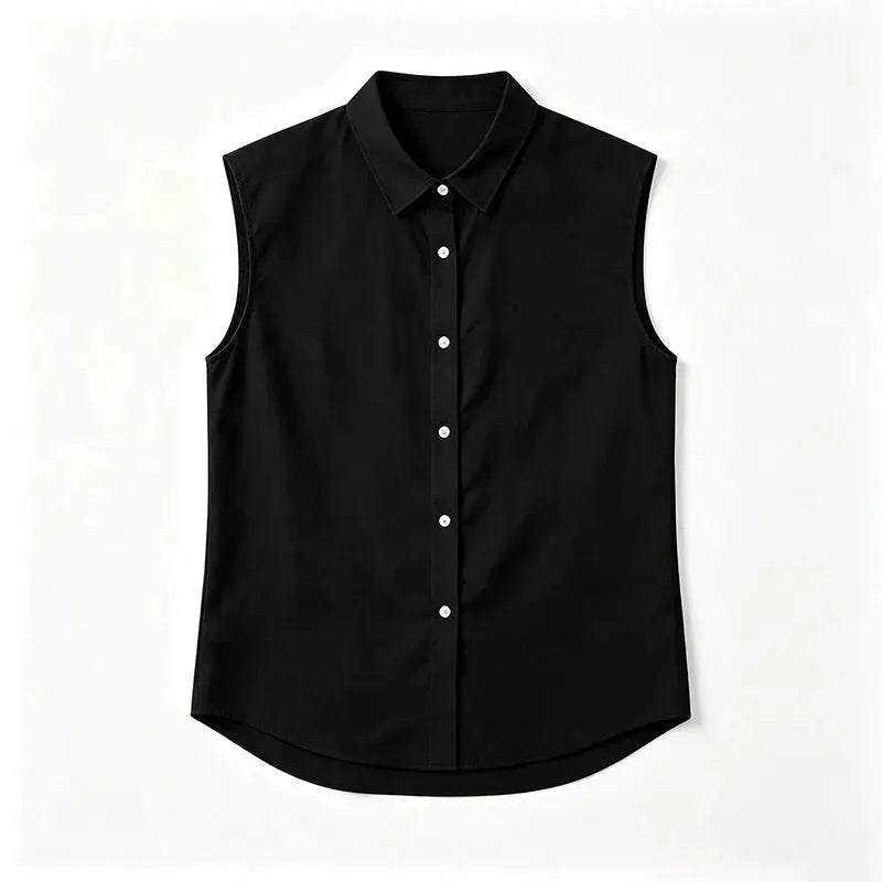 Simples Market men's black sleeveless cotton-linen shirt with turn-down collar and button-up front