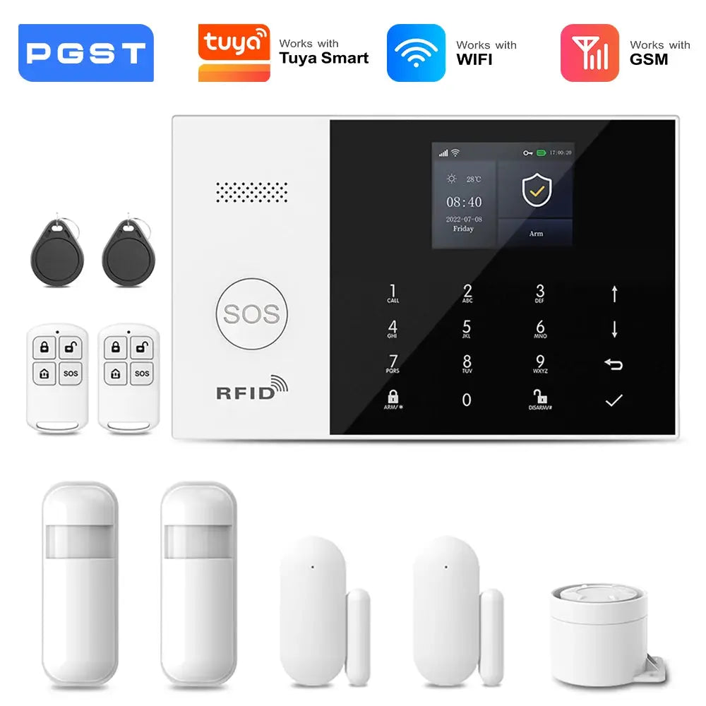 PGST WiFi 2G GSM home alarm kit by Simples Market with touchscreen panel, RFID, door and motion sensors, 2 remotes Tuya.