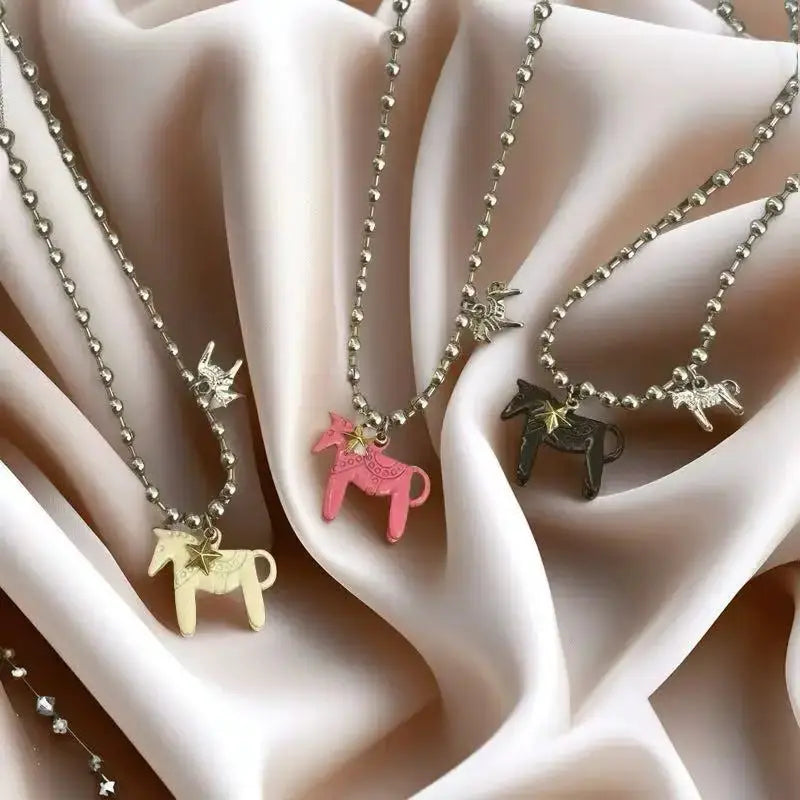 LATS Enamel Colt Horse Pendant Necklace For Women Colorful Silver Plated Alloy Beads Chain Choker