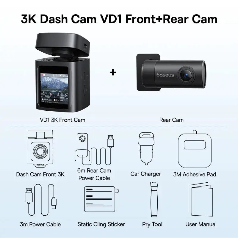 Baseus black 3K Dash Cam VD1 Front+Rear Kit with front 3K camera, rear cam, charger, cables, and accessories