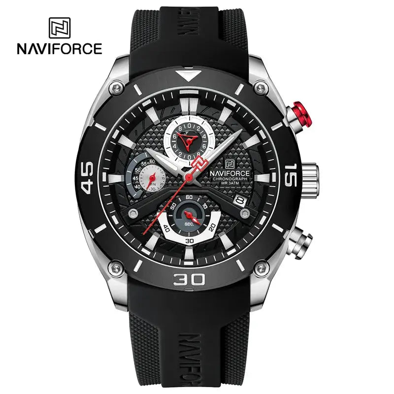 NAVIFORCE men's sport chronograph watch with black bezel, silicone strap, luminous dial