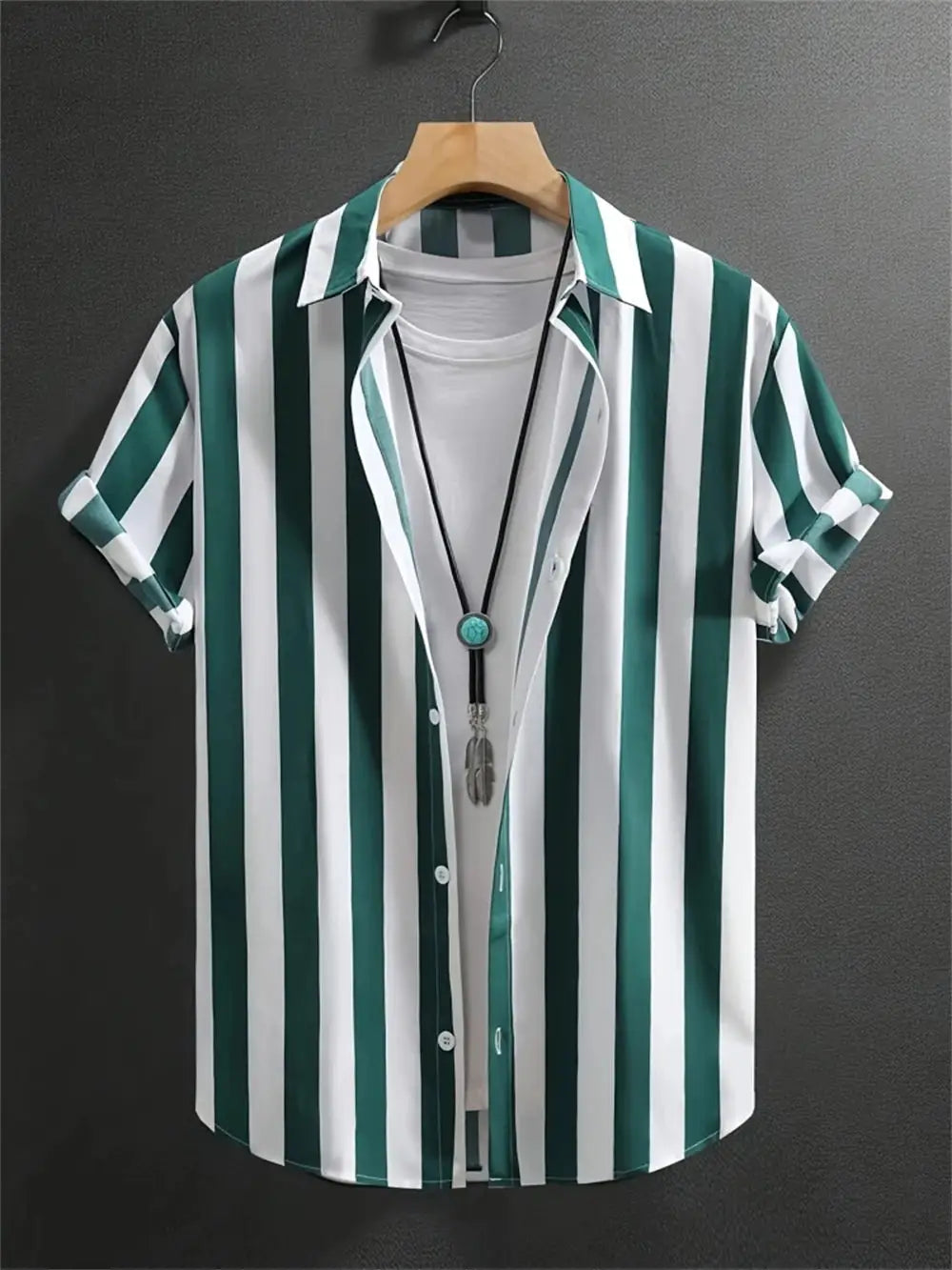 Simples Market green and white vertical-striped short-sleeve shirt on a hanger