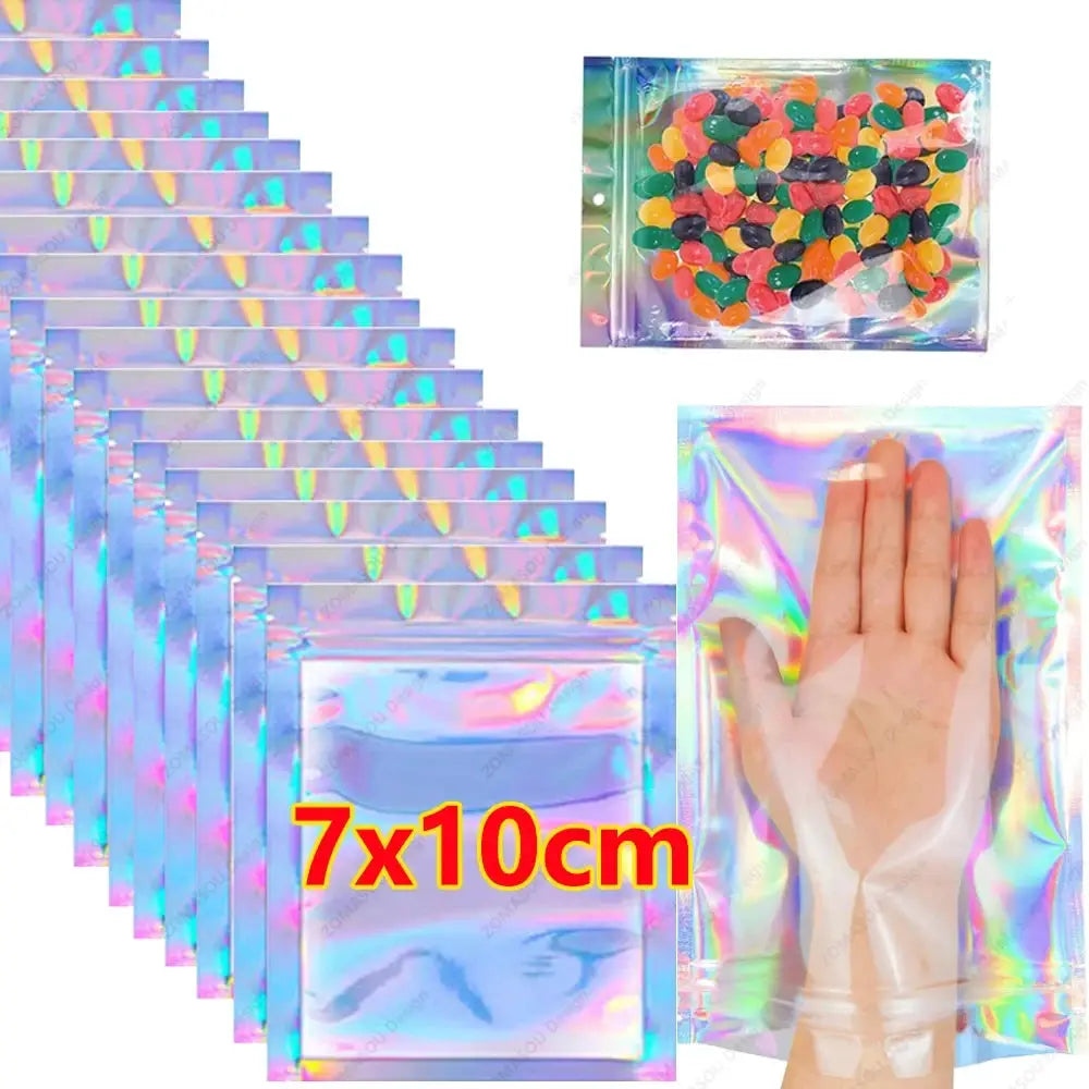 Laser Sealing Bags Holographic Plastic Pouches Resealable For Jewelry Gift Packaging Food Candy Kitchen Storage