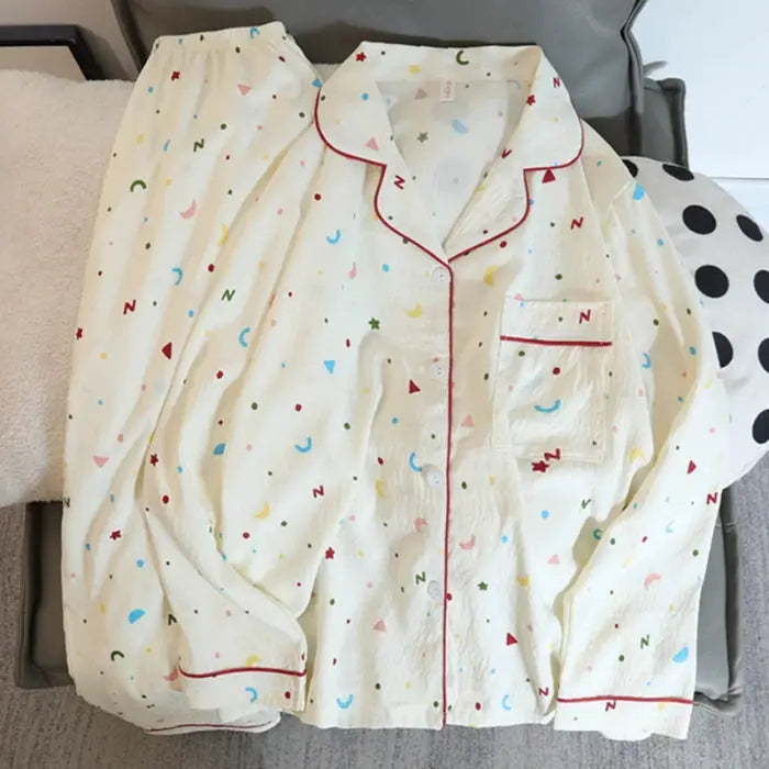 Autumn Cherry Pajama Set for Women Soft Polyester Knit Two Piece with Lapel Cardigan and Ankle Pants