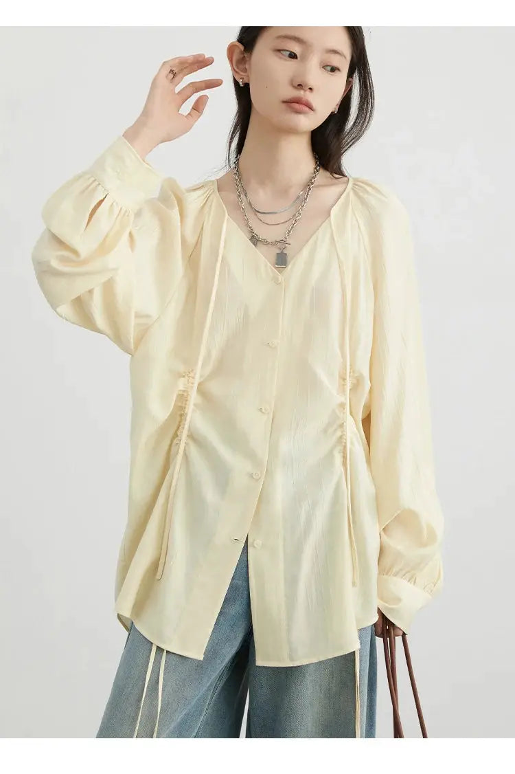 CHIC VEN cream loose lace-up shirt for women, V-neck, raglan long sleeves with side ties