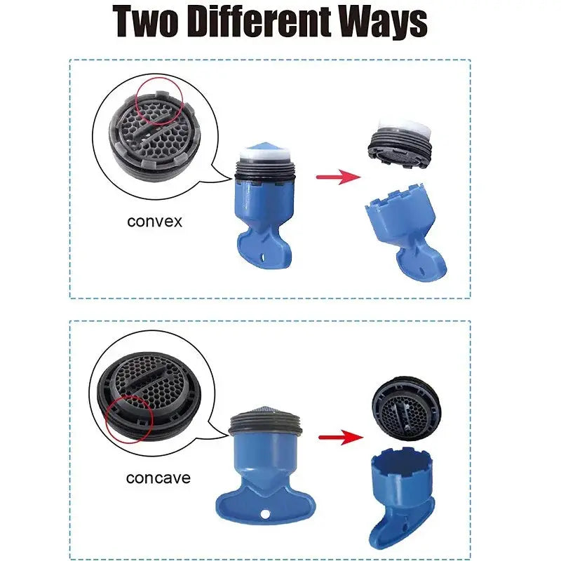 Simples Market faucet aerator adapter in blue with replaceable screen; fits M16–M24 threads, convex or concave designs.