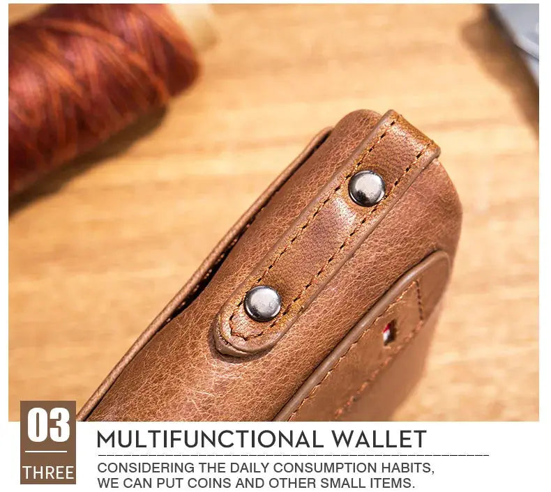 BULLCAPTAIN brown leather multifunctional wallet with card slots and metal rivet accents