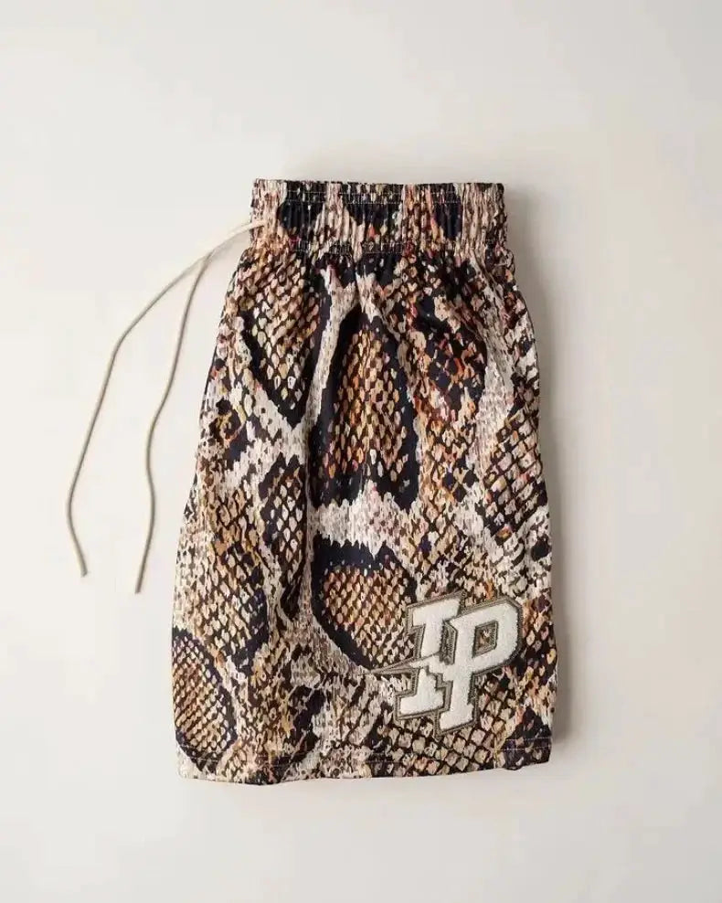 Men's snakeskin print shorts with drawstring, beige-brown pattern, breathable quick-dry mesh