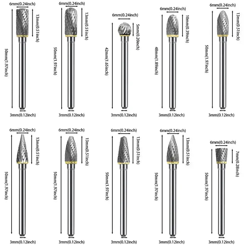 Carbide Burr Set 10 Piece One Eighth Inch Shank Double Cut Tungsten Rotary Burrs for Metal Wood Carving and Polishing