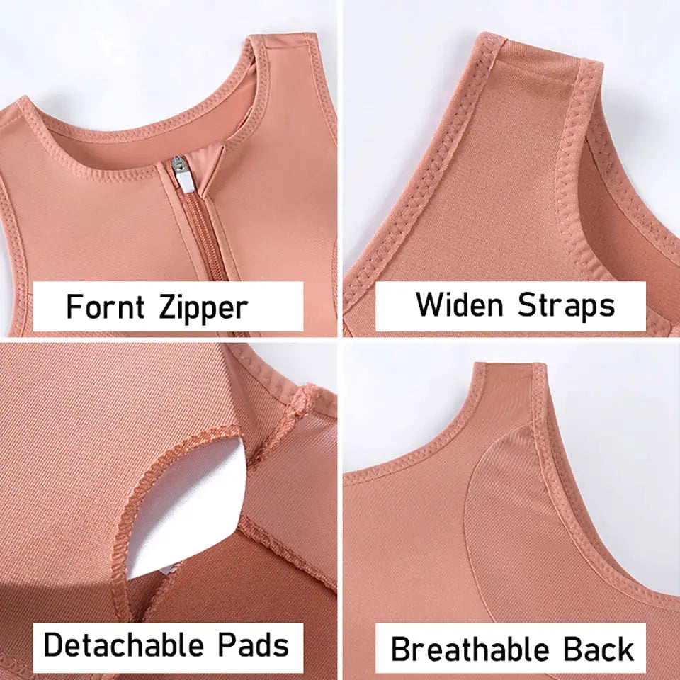 Plus-size sports bra with front zipper, longline crop style, pink nude, removable padded cups, wide straps.
