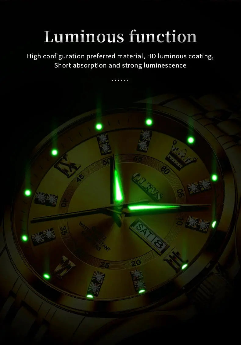 OLEVS 3620 gold luxury men's watch with stainless steel case, luminous green markers, and calendar date display