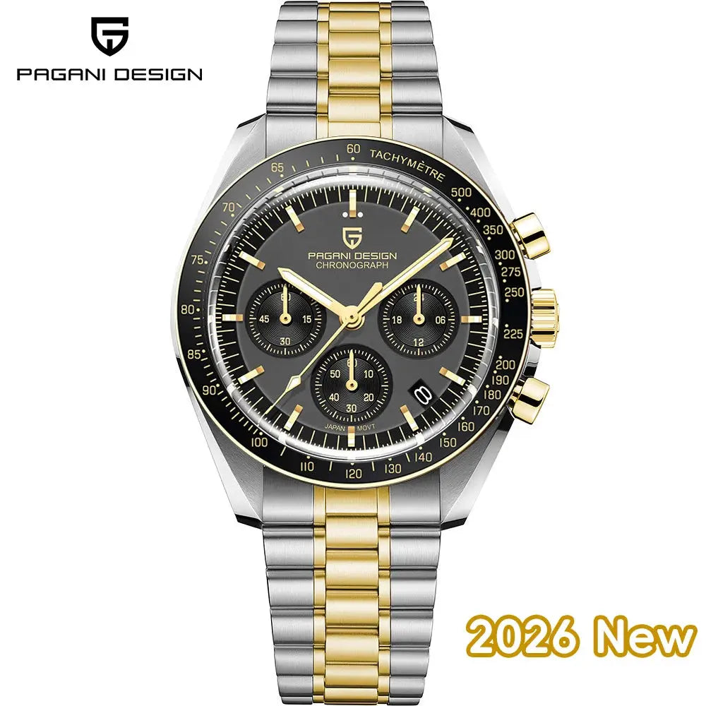 PAGANI DESIGN PD1701 men's chronograph watch with two-tone stainless steel bracelet, black dial and tachymeter bezel