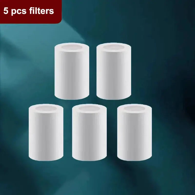 Five white cylindrical faucet filter cartridges (5 pcs) for kitchen taps