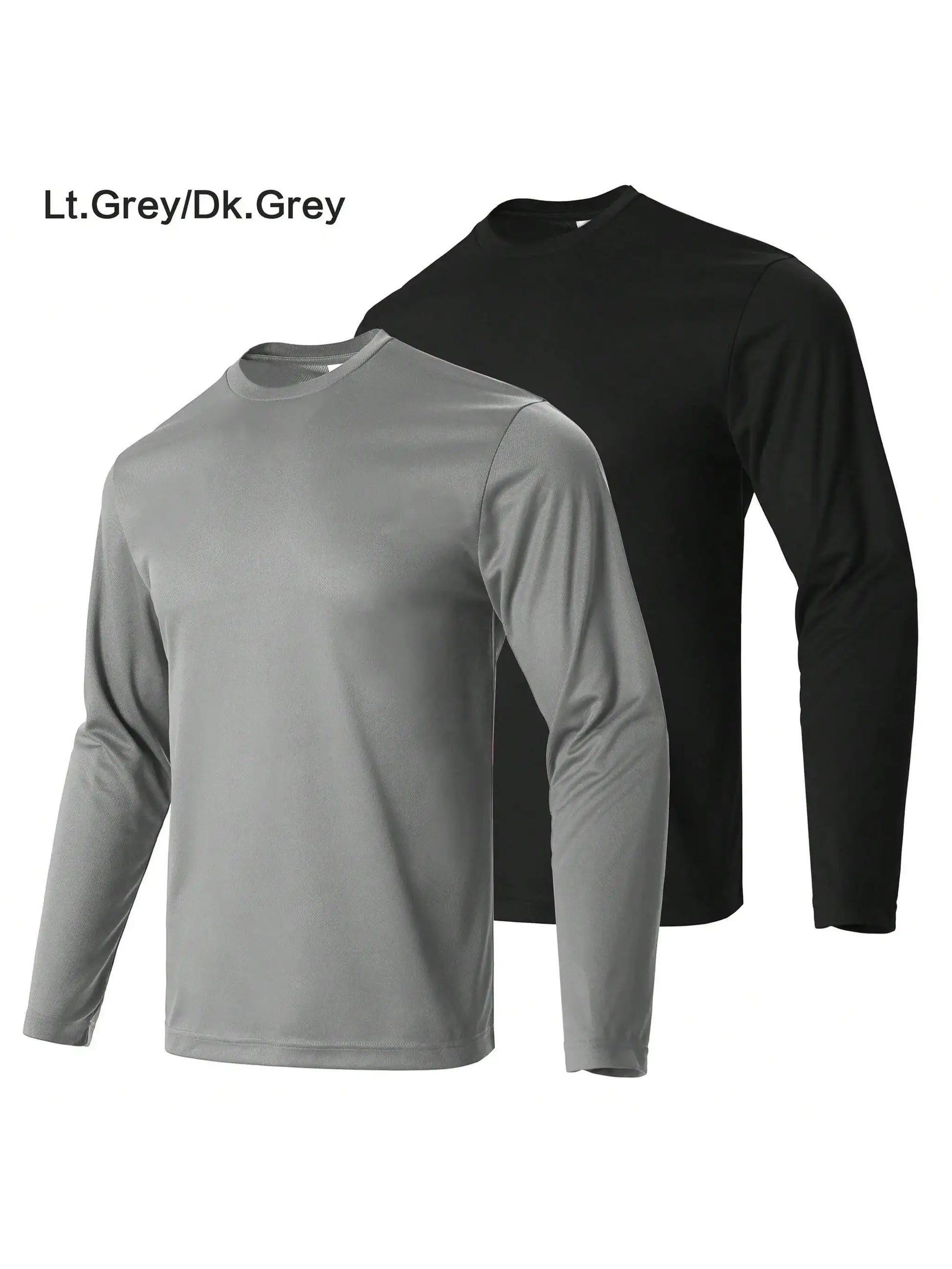 Two men's long-sleeve performance T-shirts in light gray and dark gray; breathable, moisture-wicking.