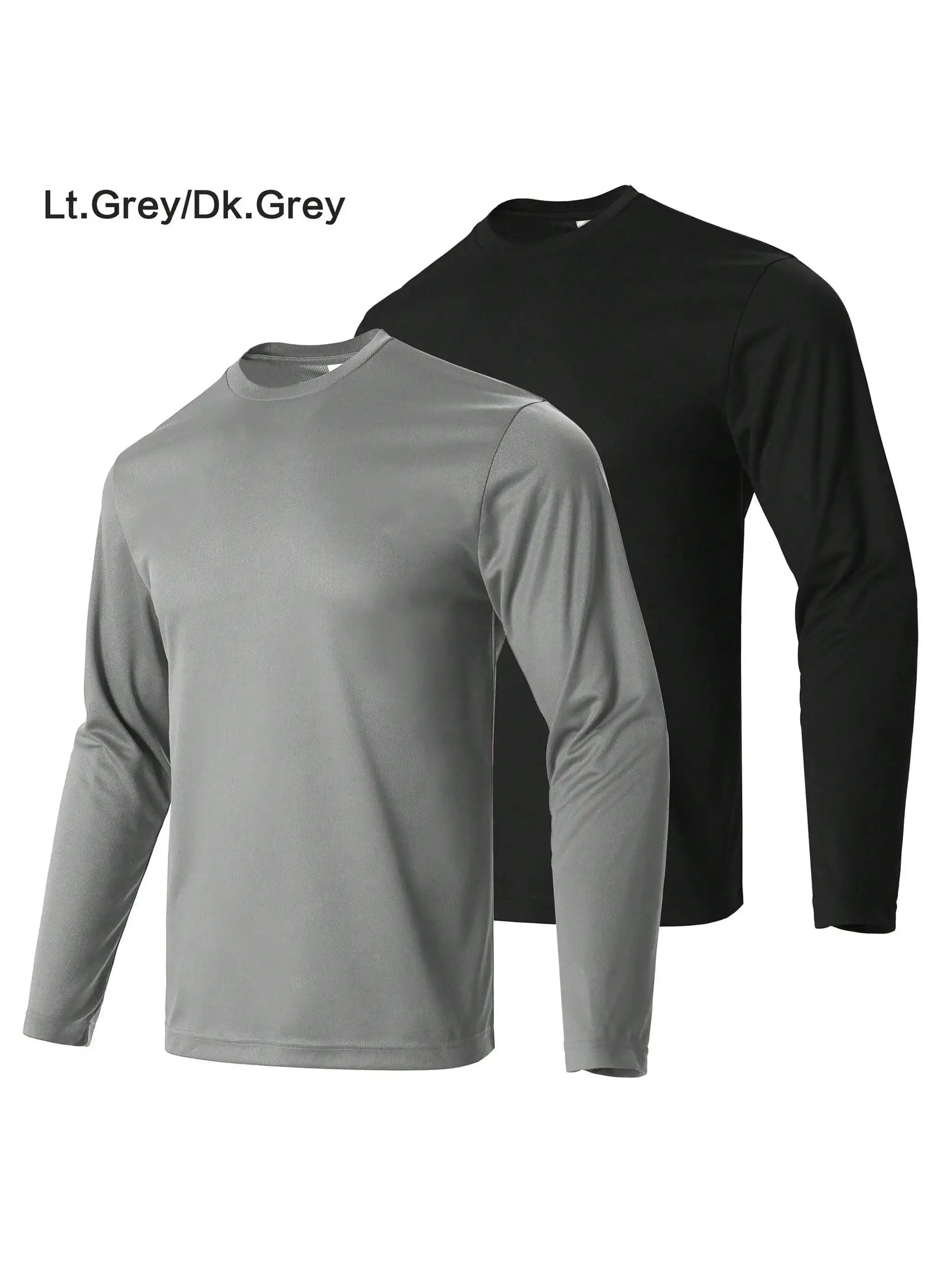Two men's long-sleeve performance T-shirts in light gray and dark gray; breathable, moisture-wicking.