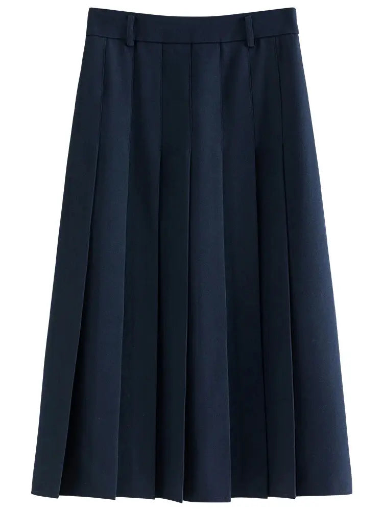 Women's navy blue pleated long office skirt with zipper waist, Simples Market