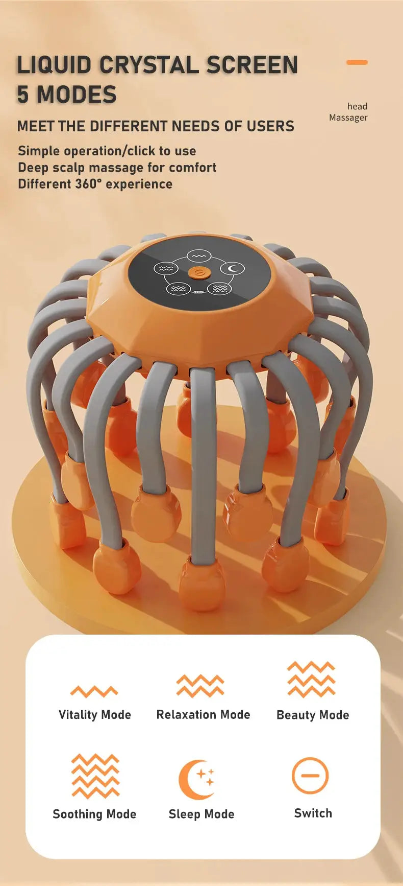 Orange scalp massager by Simples Market with 20 massage heads and grey flexible arms, circular control panel.
