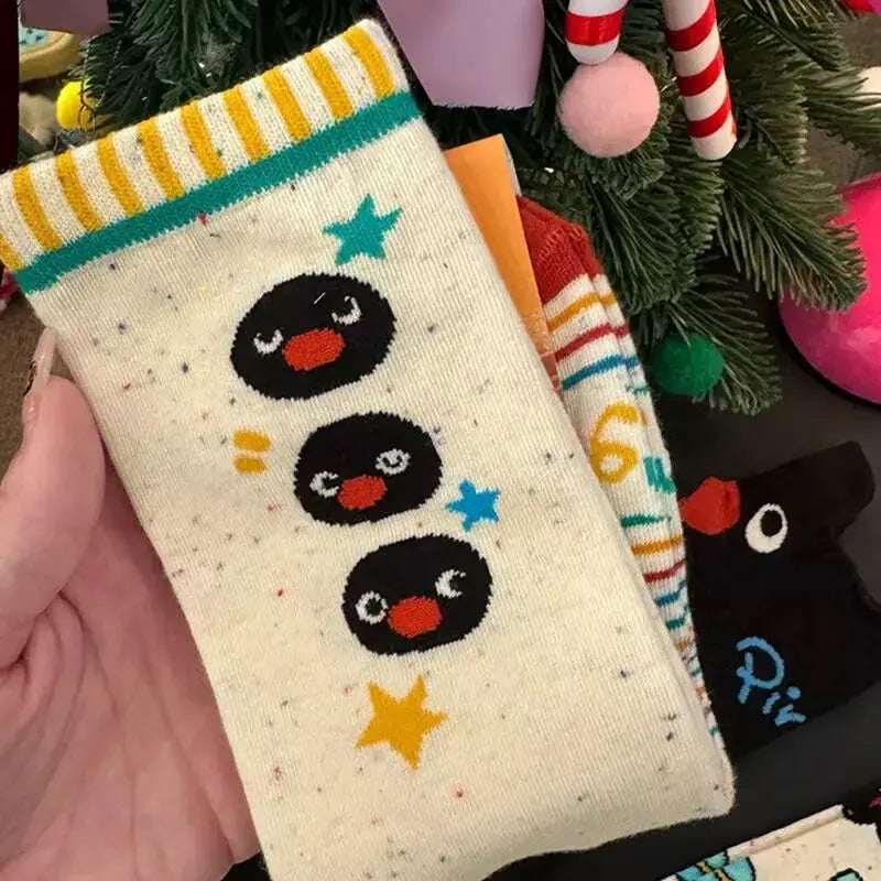 4 Pairs Pingu Medium Length Socks for Women Cartoon Style Breathable Soft Kawaii Girls Autumn Winter Fashion