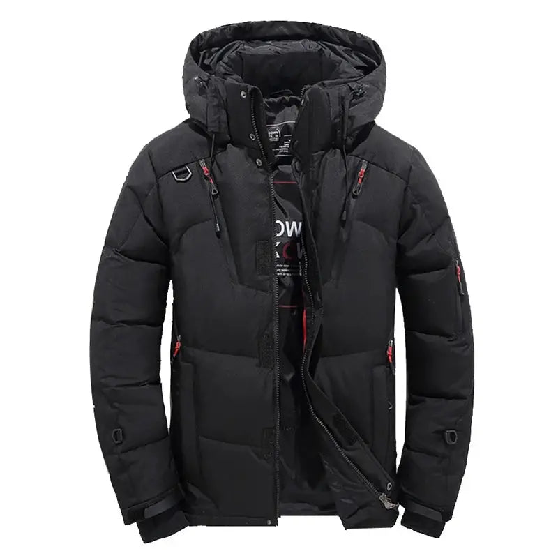 Black men's hooded down jacket, thick padded with zip pockets and red zipper pulls