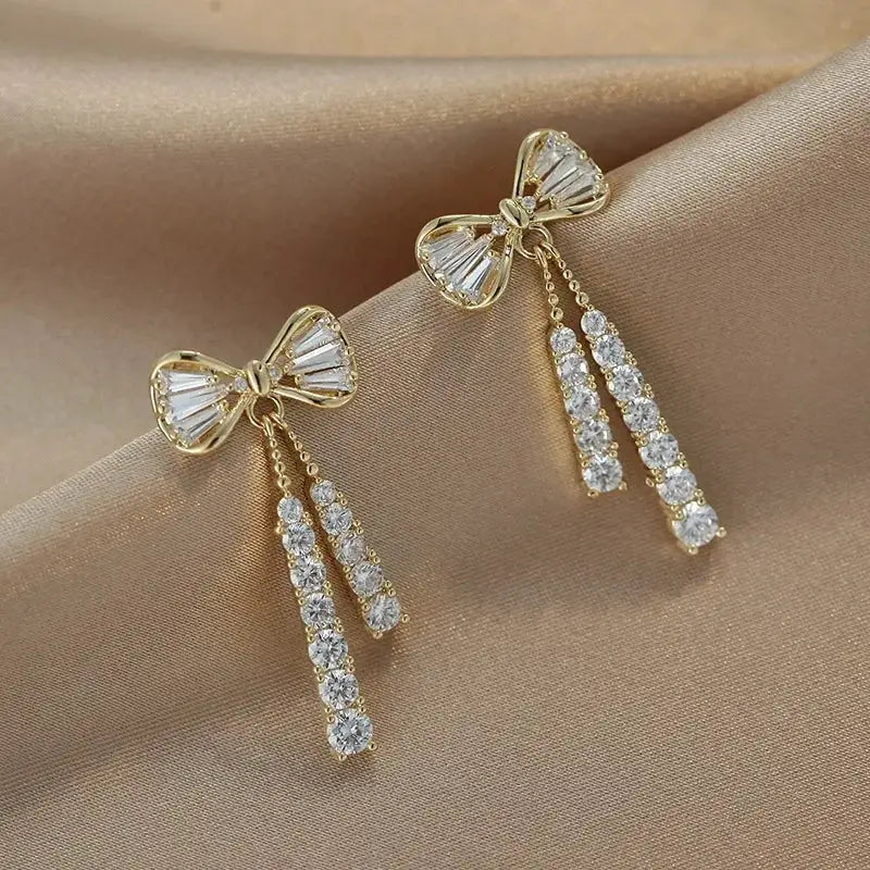 Korean Niche Design Full Diamond Bow Tie Tassel Earrings Elegant Sparkle Temperament Jewelry