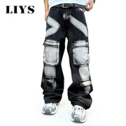 Simples Market men's black cargo denim workwear jeans with multiple pockets and splashed ink pattern, straight leg