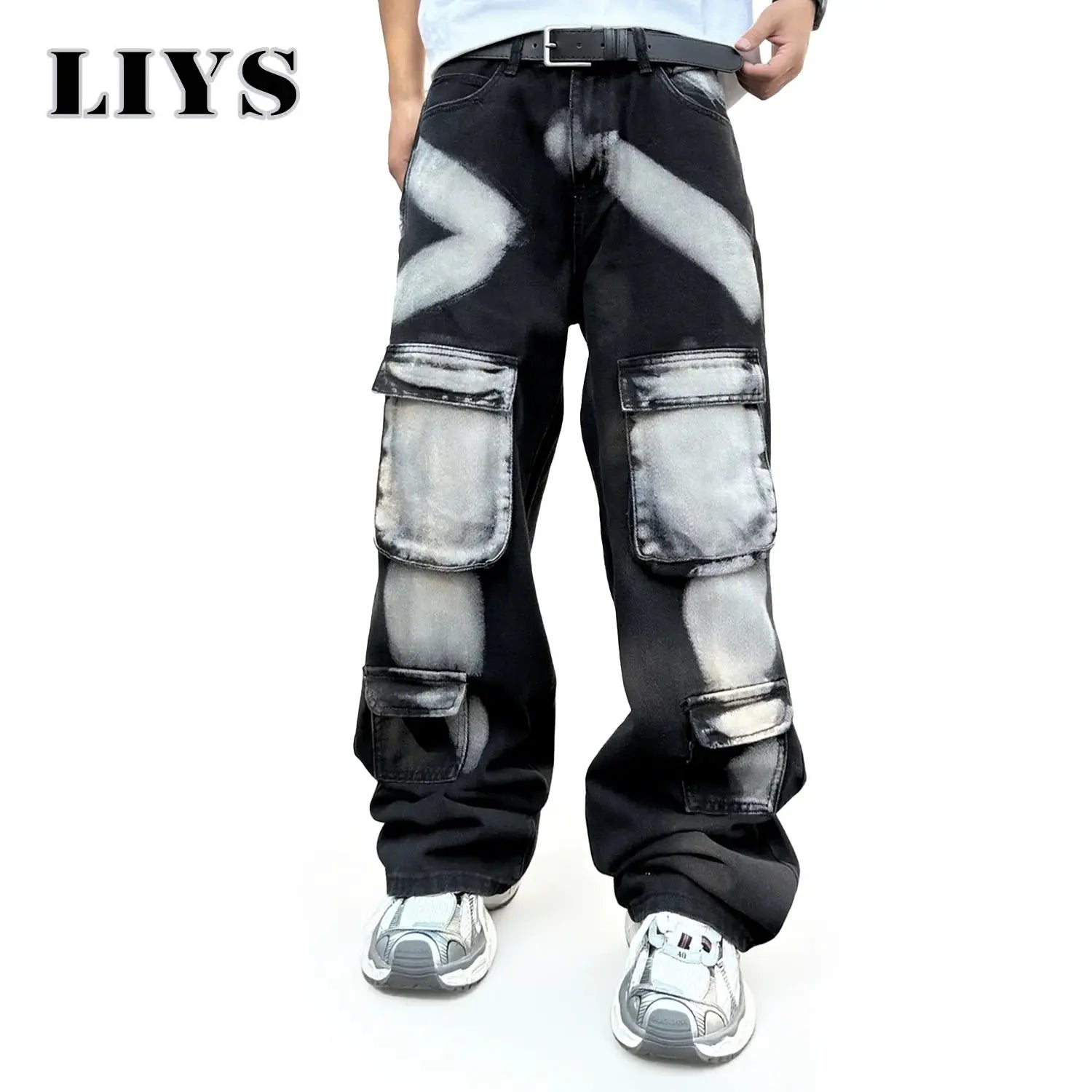 Simples Market men's black cargo denim workwear jeans with multiple pockets and splashed ink pattern, straight leg
