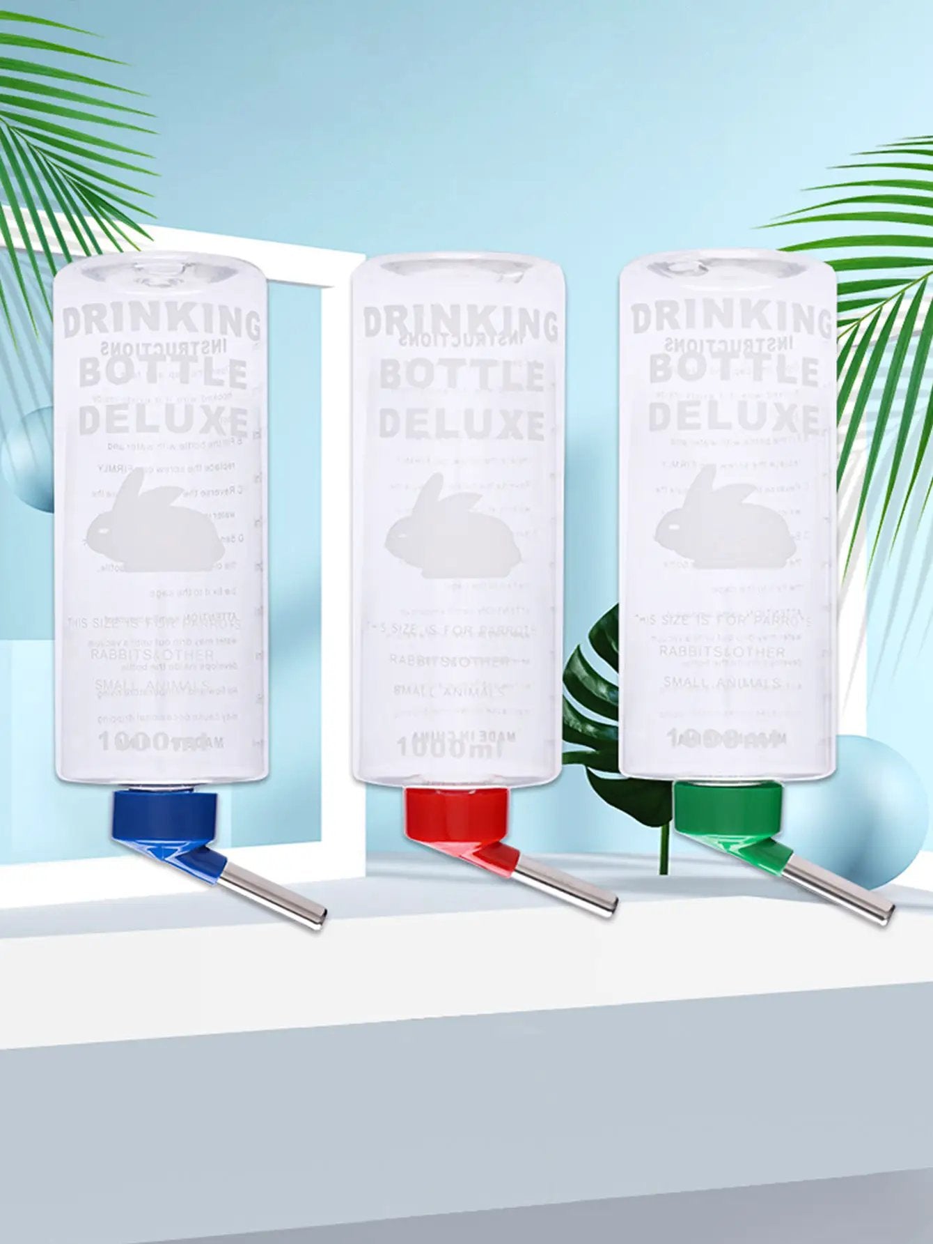 Three 1000ml hangable small-animal drinking bottles in blue, red and green