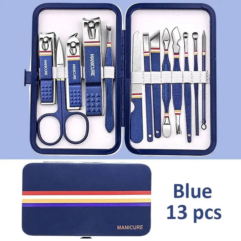Blue 13-piece manicure set in folding case with stainless steel nail clippers, scissors and nail tools