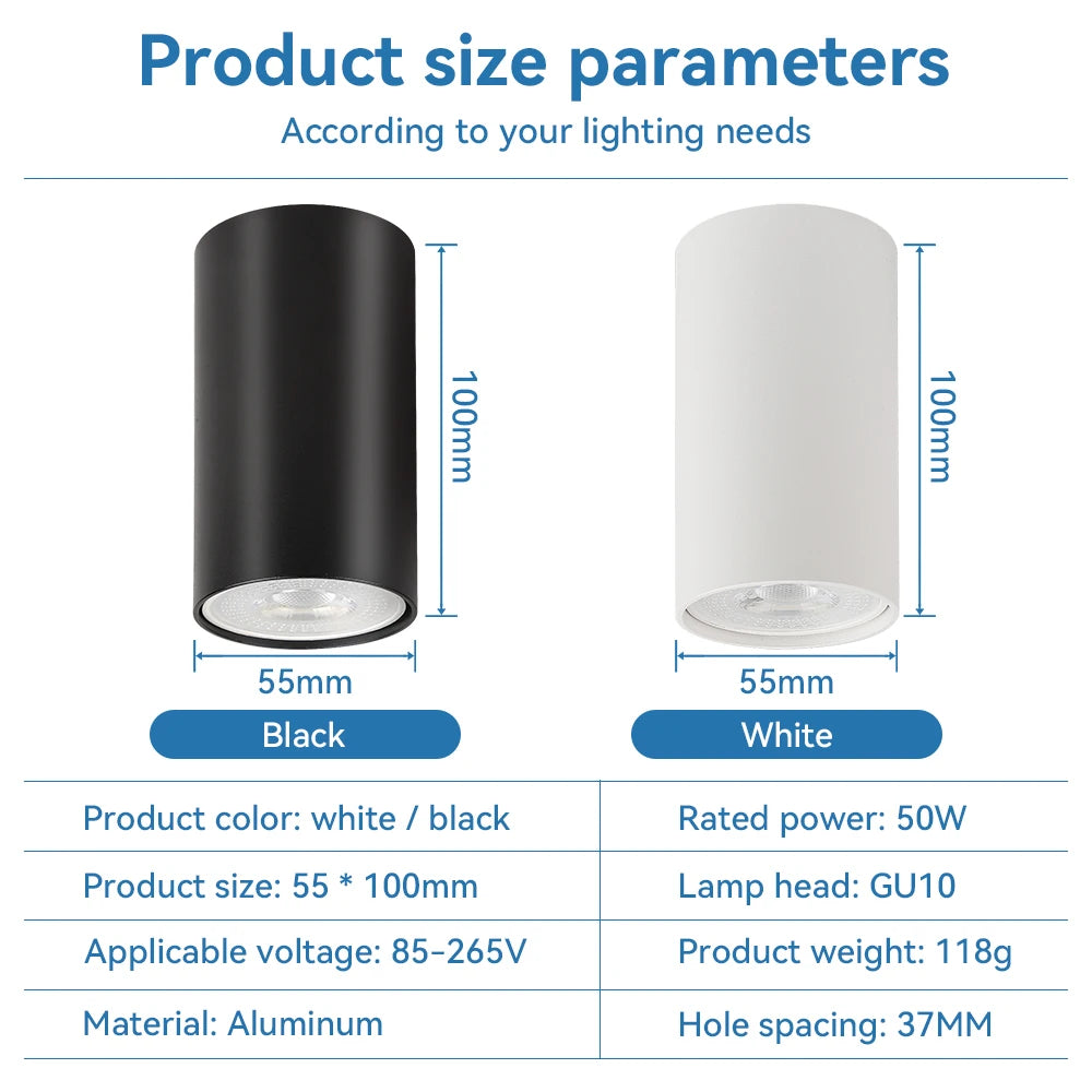 GU10 LED downlights set: two aluminum cylindrical fixtures in black and white, 55mm diameter, 100mm height.