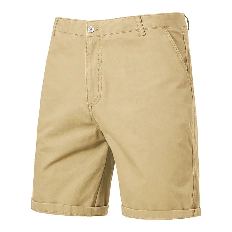 Men's golf shorts by Simples Market, khaki lightweight quick-dry flat-front with 4 pockets.