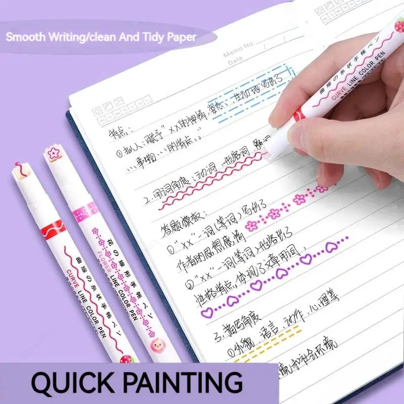6Pcs Set Flower Line Shape Roller Tip Highlighter Pens Curve Liner Marker Kawaii Korean Stationery School Office Gifts