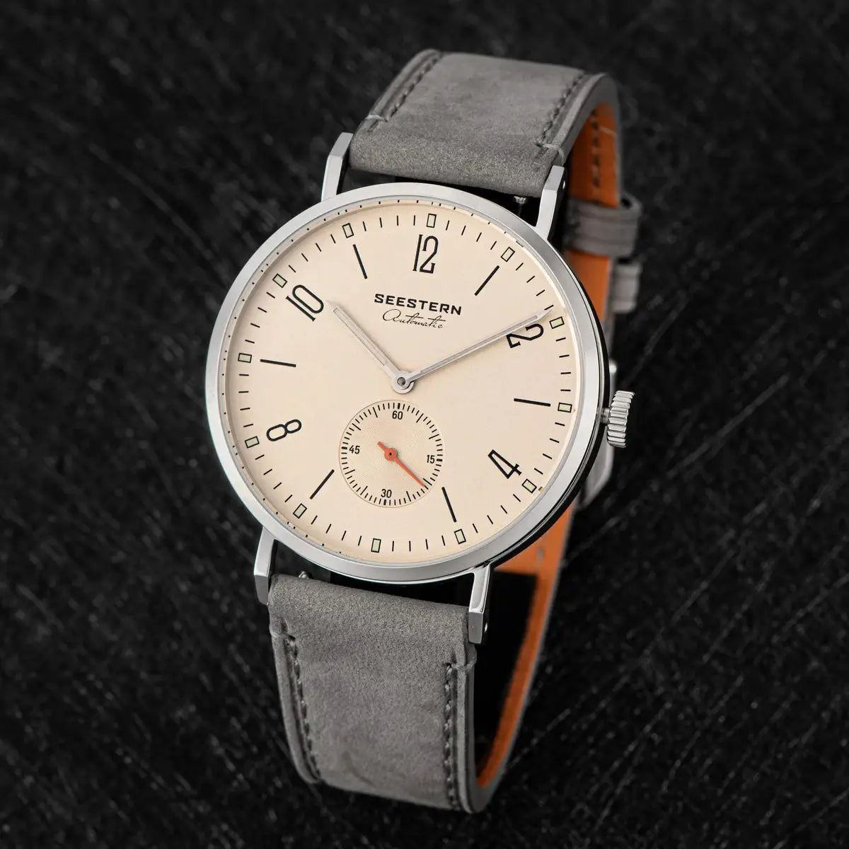 SEESTERN men's automatic watch with beige dial, gray strap, and stainless steel case