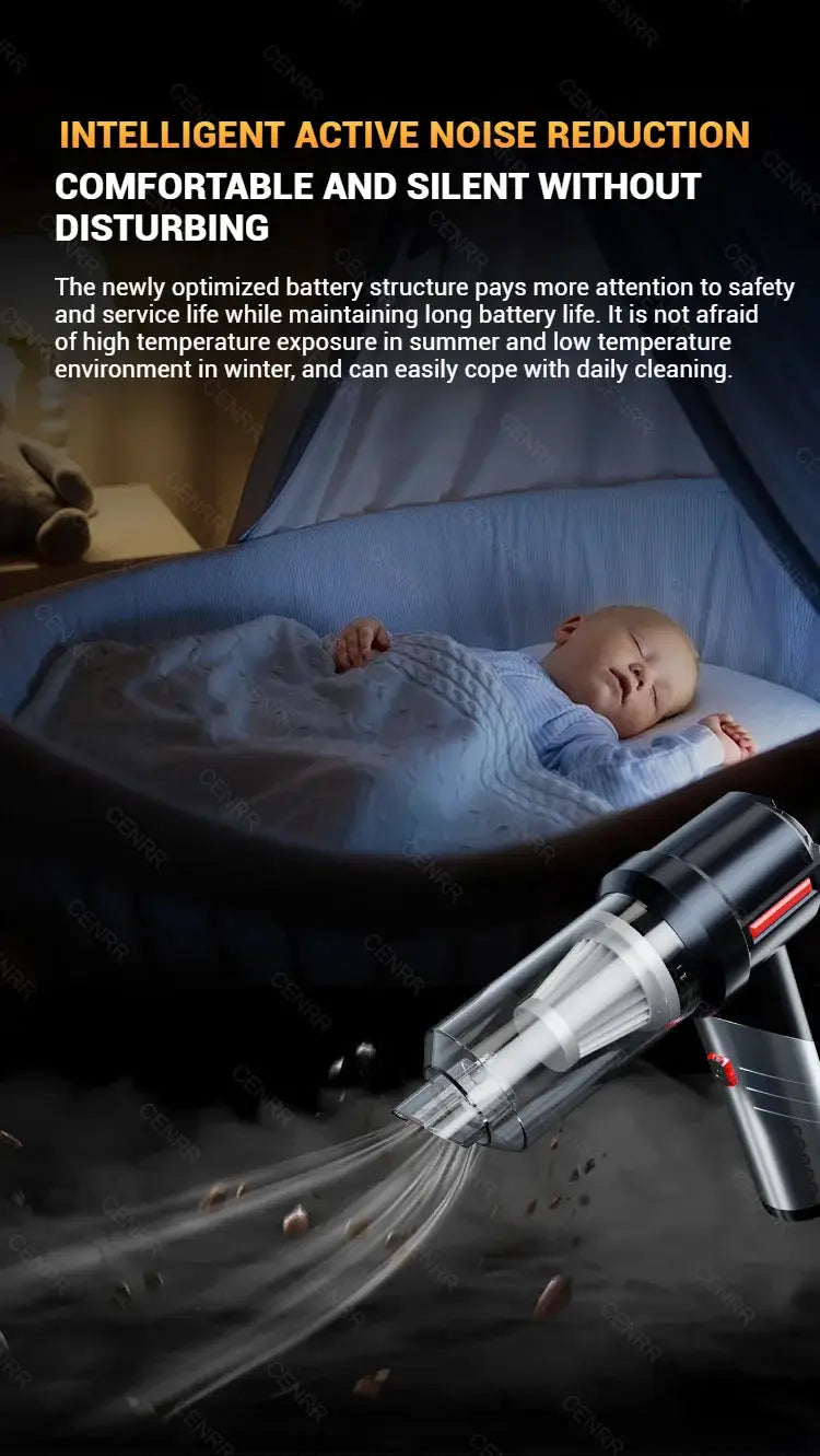 CENRR cordless car vacuum cleaner mini in black and silver with clear dust canister, shown beside a sleeping baby.
