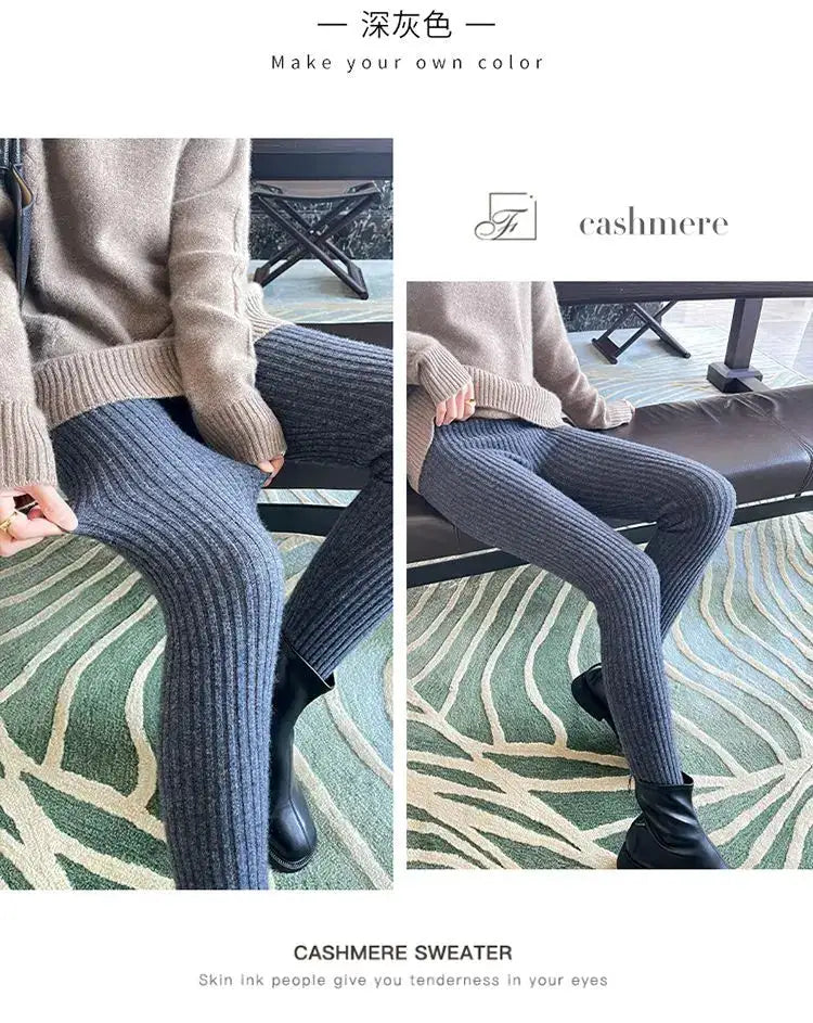 Slim leggings, dark grey knitted ribbed thermal, high-waist ankle-length, Simples Market