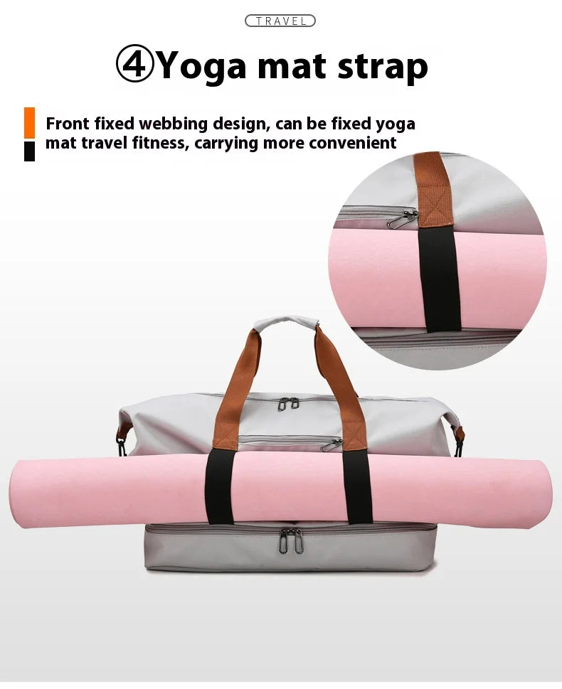 Simples Market 2-piece travel gym bag with pink yoga mat attached; grey bag, brown handles, waterproof fabric.