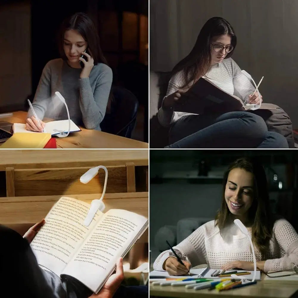 Simples Market LED book light USB rechargeable clip-on reading lamp, white with flexible neck and 3 levels