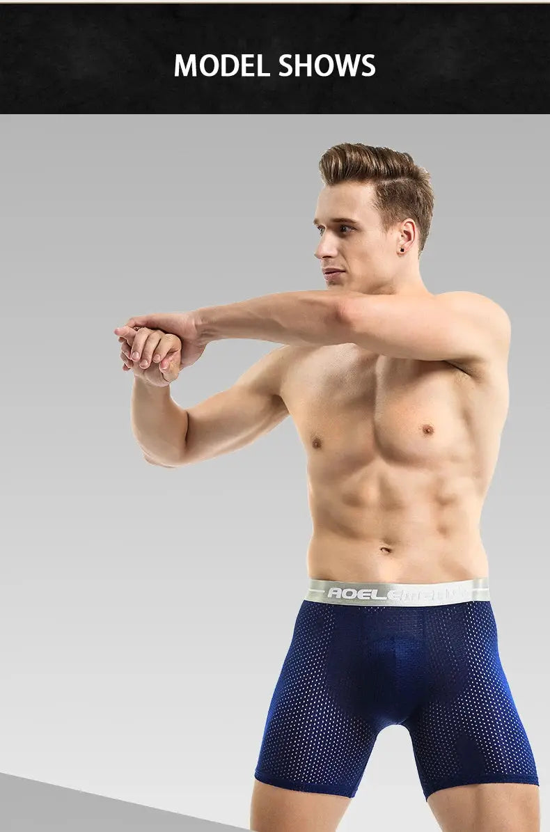Men's extra-long sport boxer briefs in navy blue ice-silk mesh with a white waistband