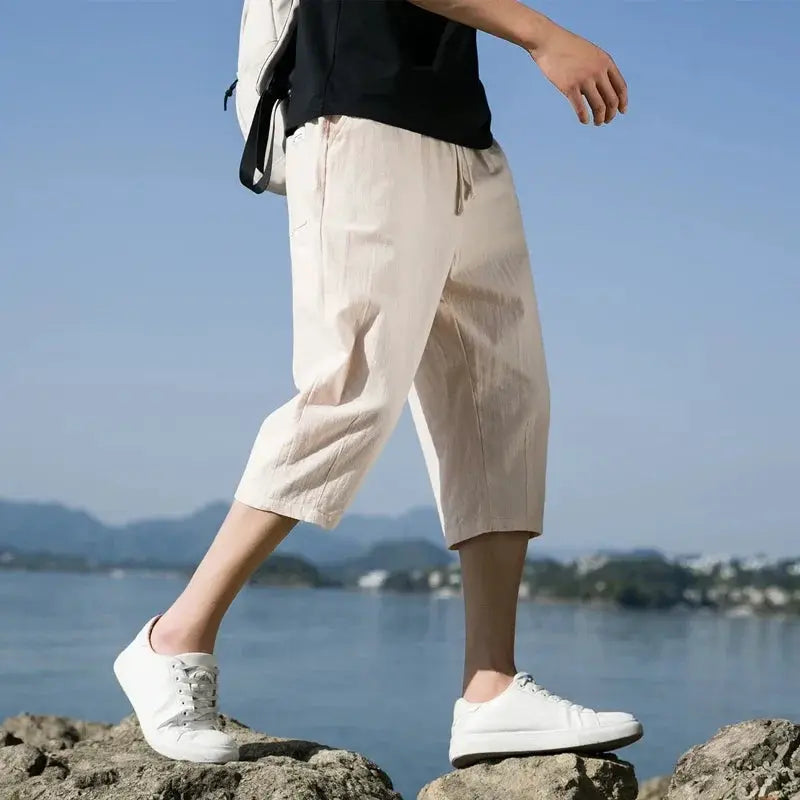 Men's beige linen short pants, mid-calf length, lightweight casual summer shorts