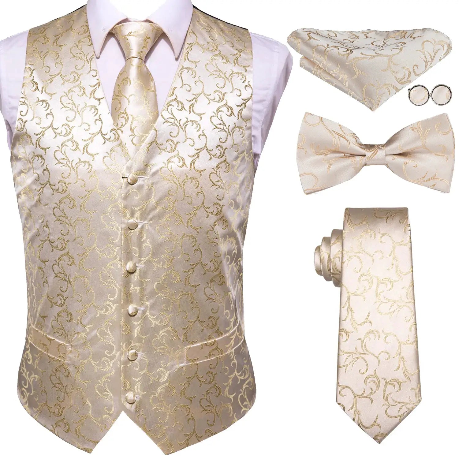 Men's gold brocade waistcoat set with matching tie, bow tie, pocket square and cufflinks by Simples Market