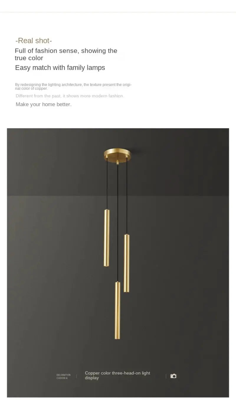 Minimalist pendant lamp in copper-gold finish with four cylindrical hanging tubes from a round ceiling mount.