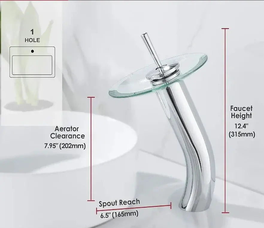 Bathroom faucet by Simples Market, chrome finish with glass waterfall disc, single-lever deck-mounted