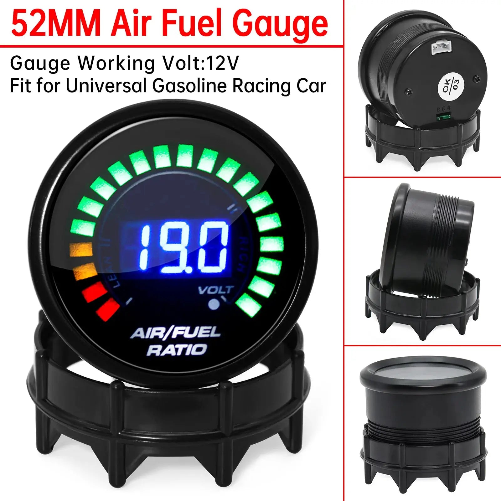 Air/Fuel Ratio and voltmeter gauge, 52mm, black, Simples Market for 12V vehicles