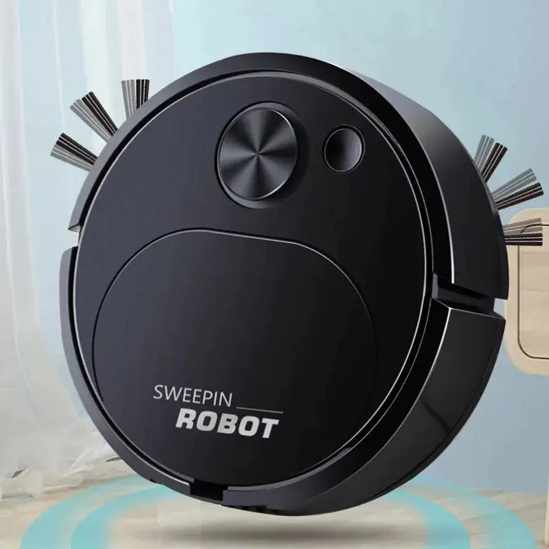 Robot vacuum cleaner SWEEPIN ROBOT; black circular cleaner with side brushes.