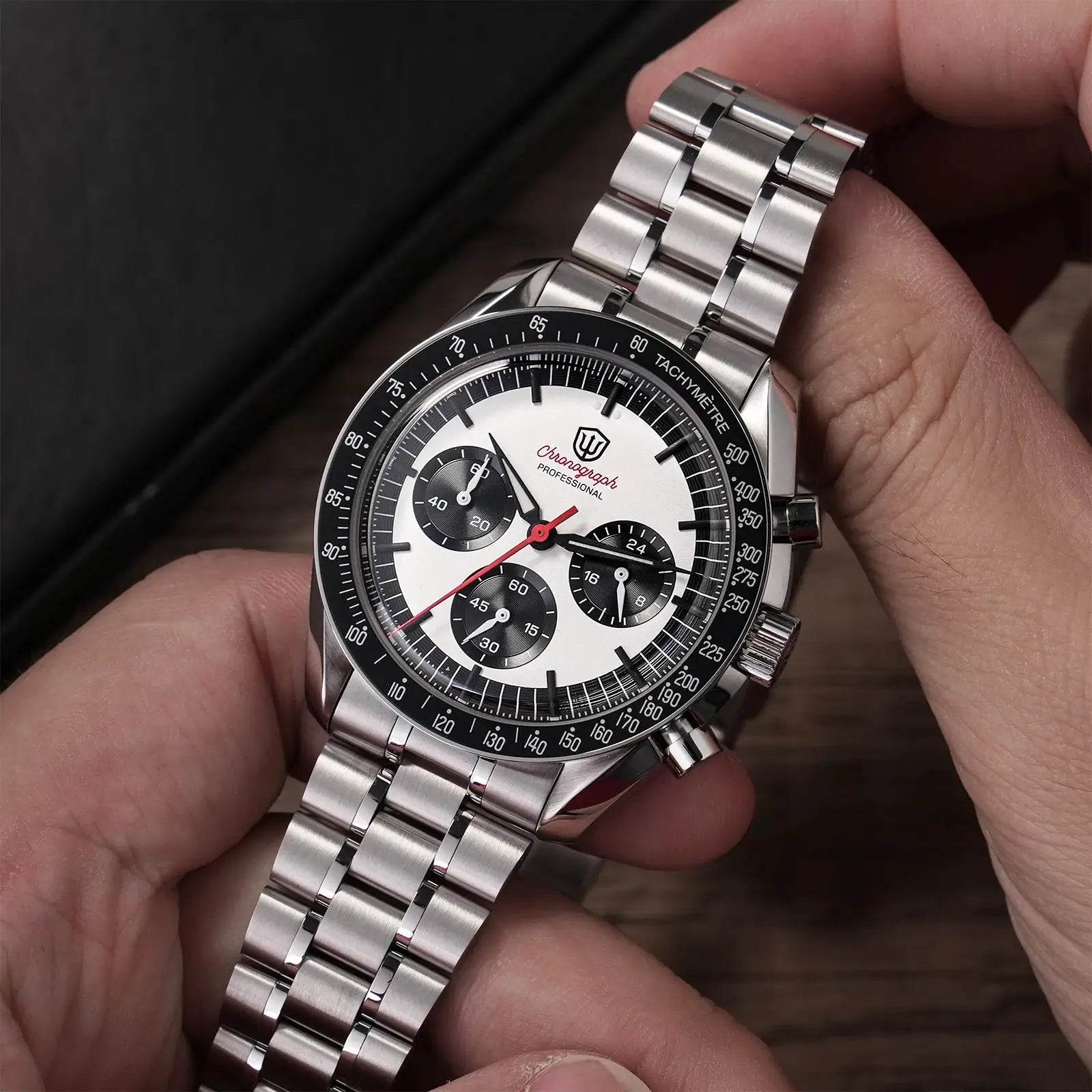 Watchdives WD1863 chronograph watch, stainless steel bracelet, white dial with black subdials and tachymeter bezel